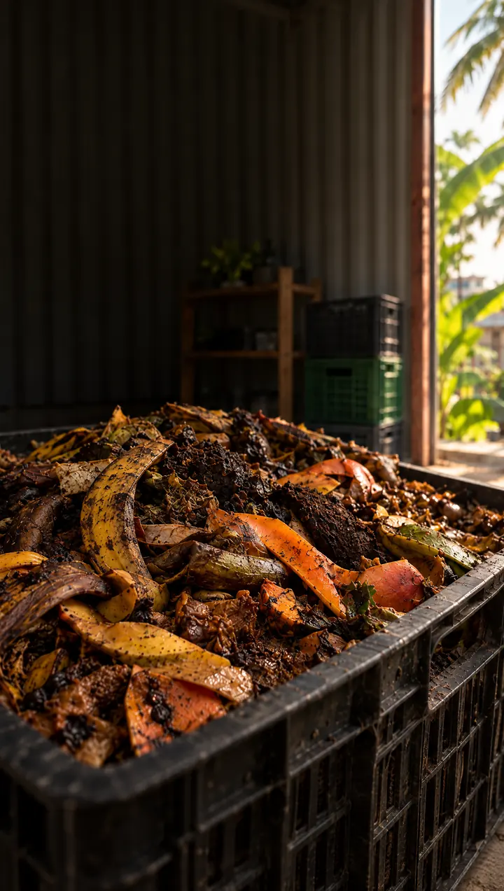 Caja plástica llena de residuo orgánico, cáscaras de fruta y restos de comida, en un contenedor pequeño con luz de tarde; sobre el residuo se mueven larvas de mosca soldado negra
