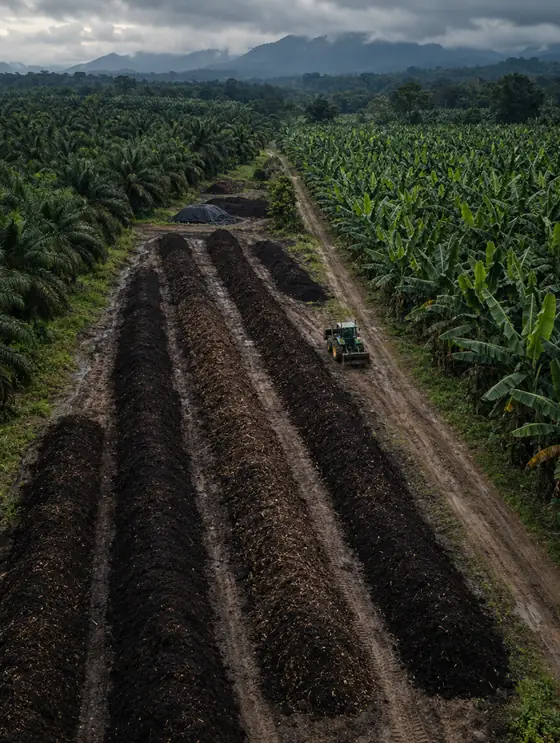 Vista aérea de hileras de compost junto a un cultivo tropical
