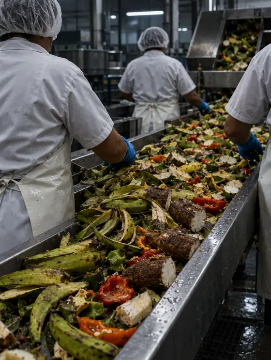 Banda transportadora con vegetales en una planta de alimentos, operarios con cofia