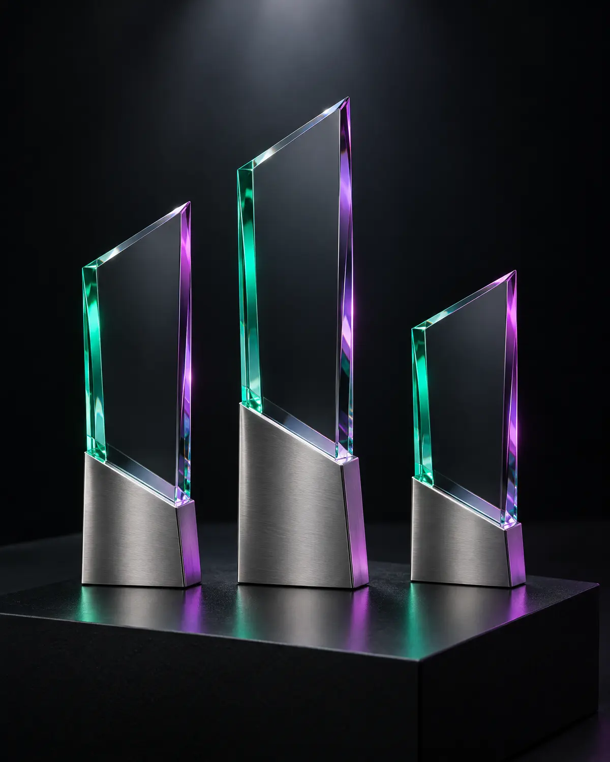 Trofeos de vidrio sobre fondo oscuro