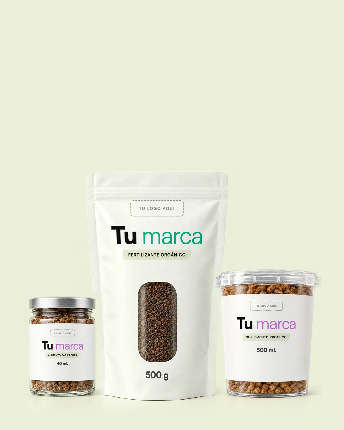 Envases marca blanca con la etiqueta "Tu marca" y espacio para el logo del cliente: frasco de 40 mL, doypack de 500 g y tarro de 500 mL